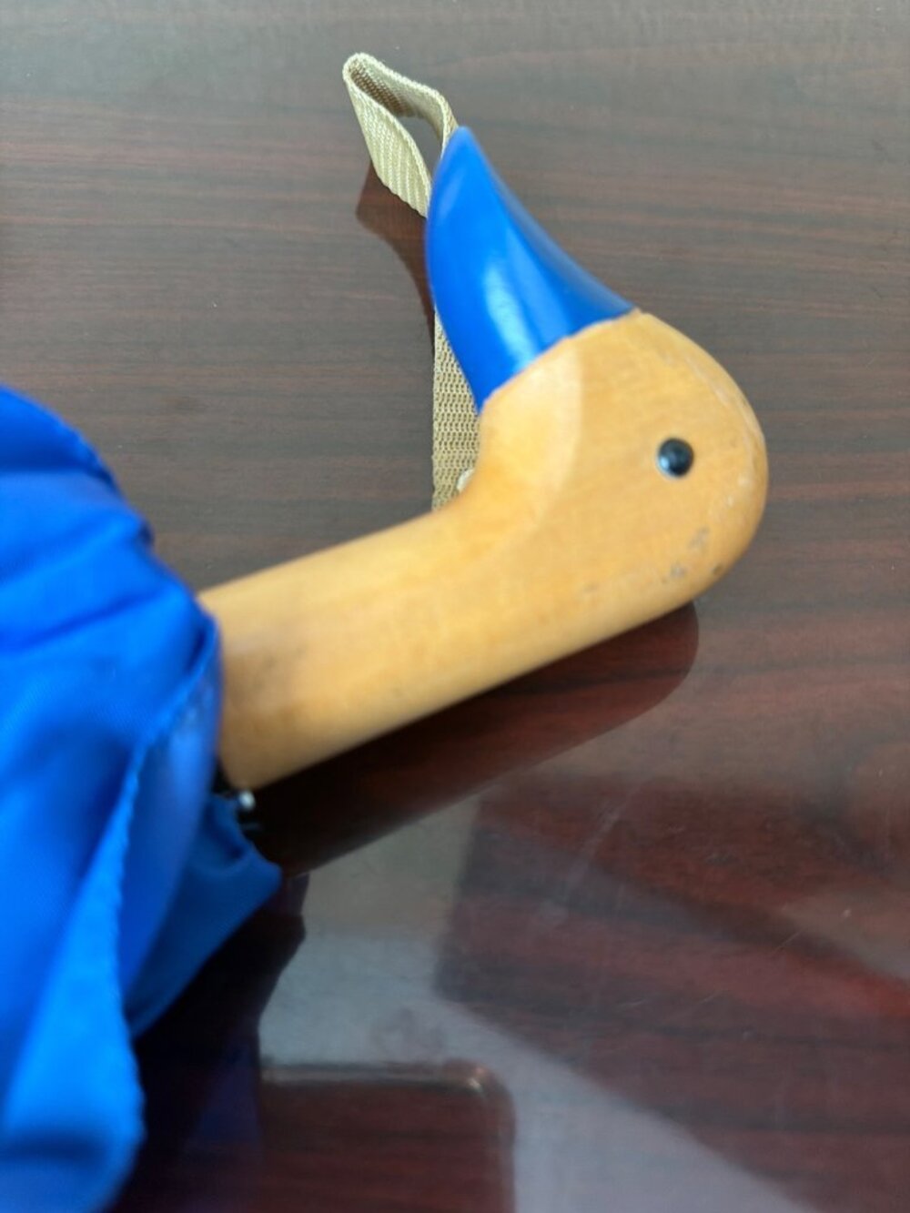 Duck Handle Folding Umbrella Blue Canopy Wooden Handle Novelty Compact Umbrella - Picture 5 of 9